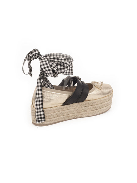Miu Miu - Belted Leather Platform Ankle-Wrap Espadrille Flat - Gold - ForwardModa