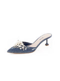 Embellished Denim Mules - Denim