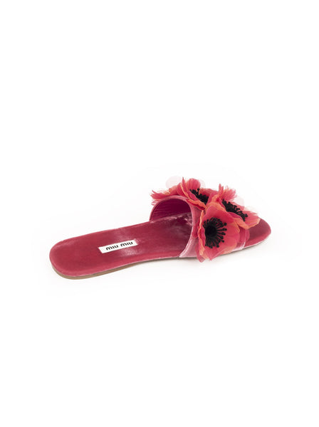 Floral Embellished Velvet Slides - Pink