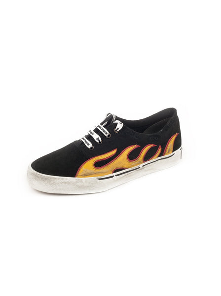 Flame-Applique Distressed Canvas And Suede Trainers - Black