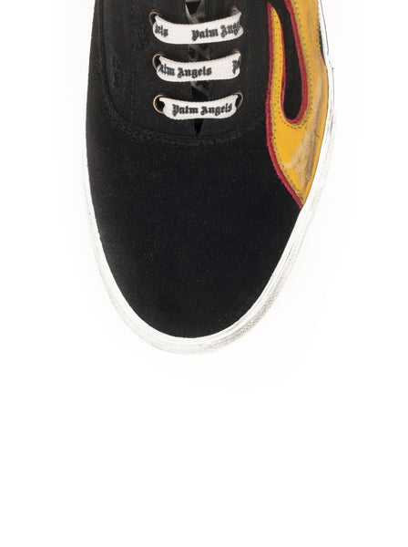 Flame-Applique Distressed Canvas And Suede Trainers - Black