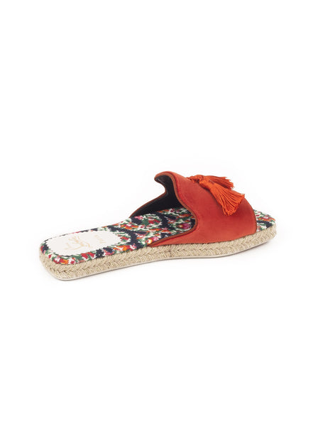 Pacha Floral Denim Tassel Slides - Red