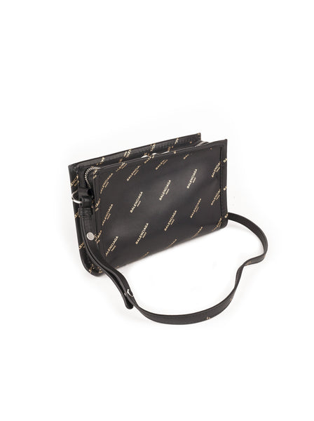 Balenciaga - Bazar All Over Print Pochette Crossbody Bag - Black / Gold - ForwardModa