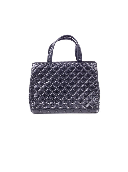 Rockstud Spike Quilted Leather Tote Bag - Black