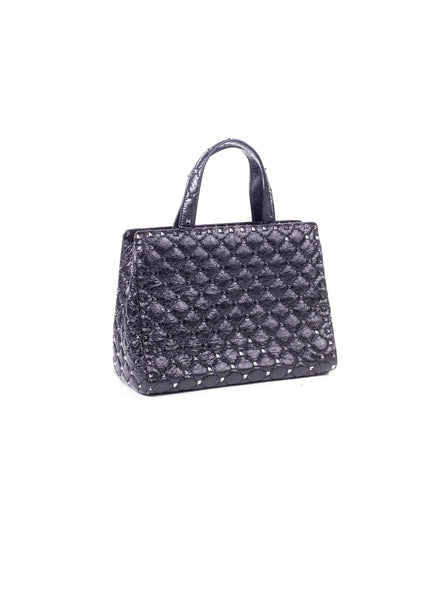 Rockstud Spike Quilted Leather Tote Bag - Black
