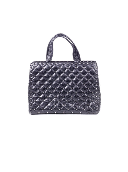 Rockstud Spike Quilted Leather Tote Bag - Black