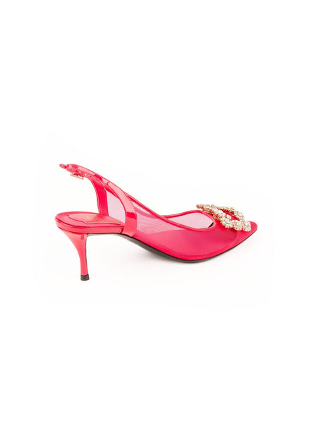 Strass Buckle Net Slingback Pumps - Pink