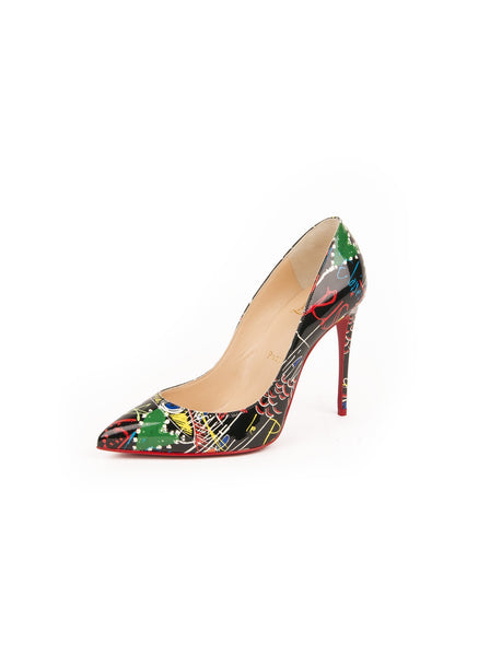 Pigalle Follies 100 Patent Loubitag Pumps - Black / Multi