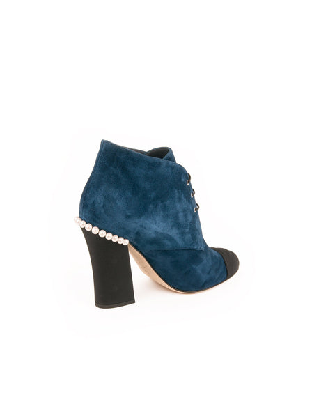 Suede Pearl Embellished Lace-Up Bootie - Blue