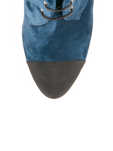 Suede Pearl Embellished Lace-Up Bootie - Blue