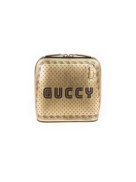 Guccy Script Dome Metallic Leather Crossbody Bag - Gold