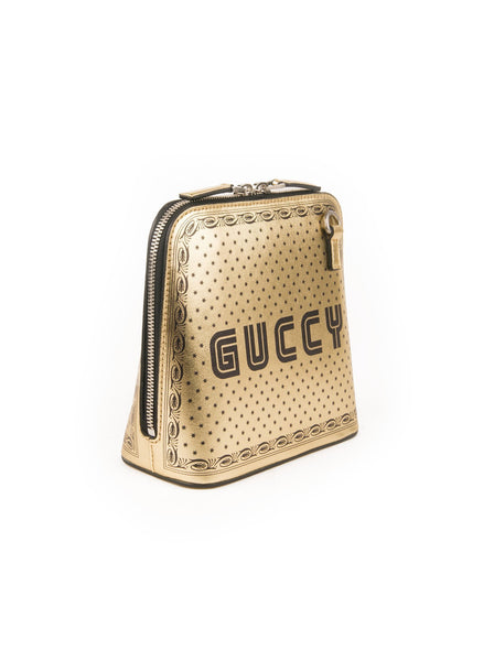Guccy Script Dome Metallic Leather Crossbody Bag - Gold