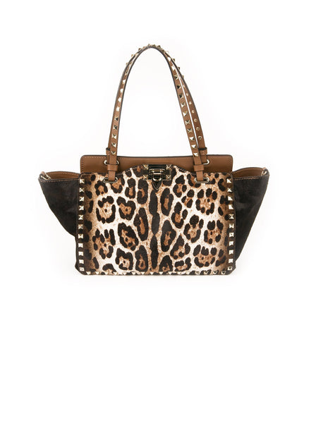 Rockstud Calfhair Trapeze Tote - Leopard