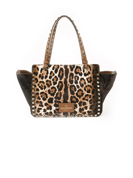 Rockstud Calfhair Trapeze Tote - Leopard