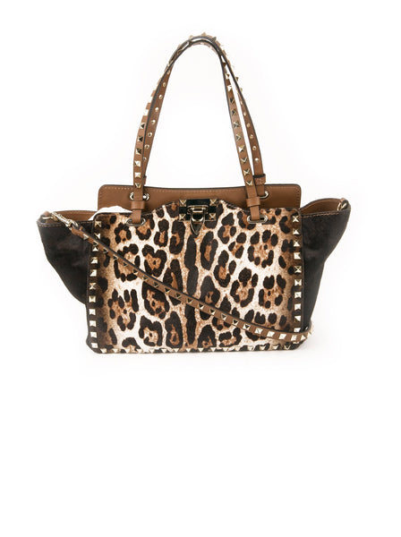 Rockstud Calfhair Trapeze Tote - Leopard