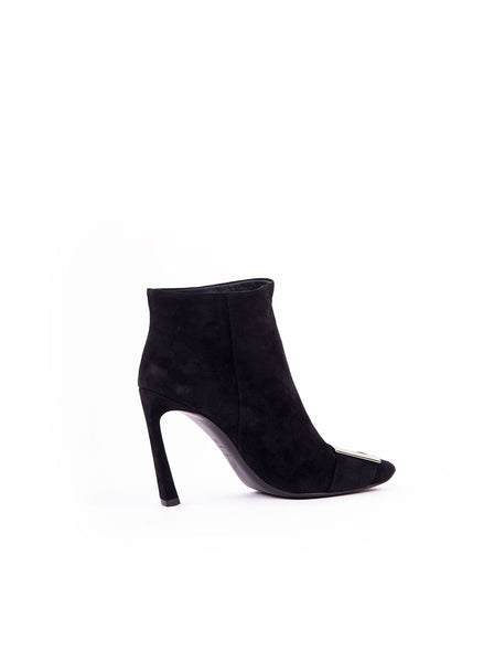 Suede Buckle Toe Bootie - Black