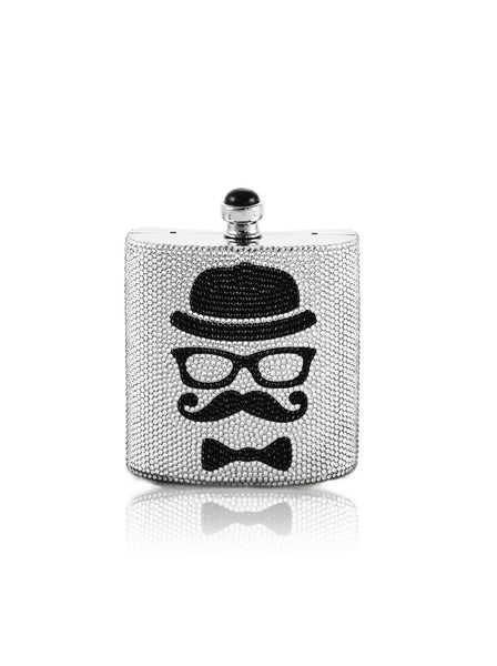Moustache Flask Crystal Minaudire Clutch - Silver / Jet